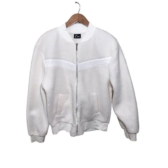 Zyia Active Flying V Sherpa Jacket Varsity Zip Cream White Fleece‎ Bomber Medium - Picture 1 of 8